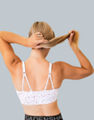 back view of a mum wearing a white with pink flower print breastfeeding sports bra