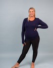 happy, full length image of mother wearing long sleeve blue bamboo top