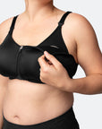 black zip front closure nursing bra with drop down cups and nursing sling underlayer