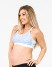 pregnant mother wearing breastfeeding sports crop in confetti print