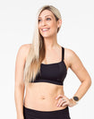 front view of a mum wearing a black maternity activewear bra 
