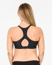 back view of a mum wearing a black breastfeeding sports bra with racerback